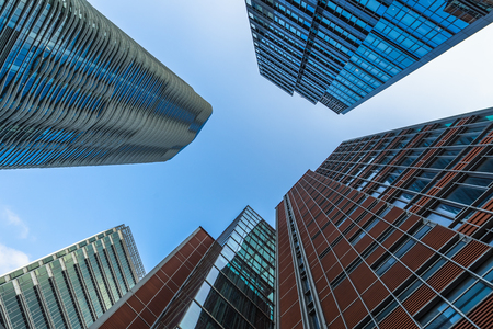 low angle view of skyscrapers in city of Chinaの写真素材