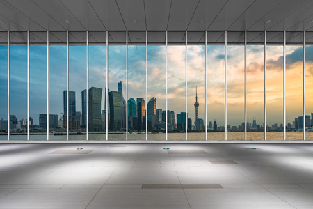 cityscape and skyline of shanghai from glass windowの写真素材