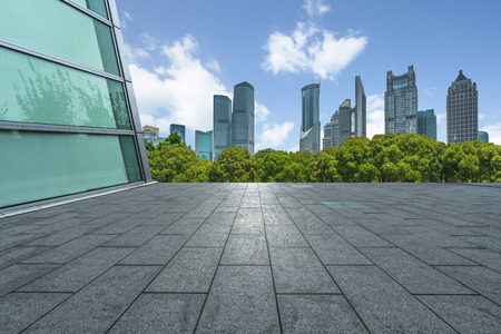 cityscape and skyline of shanghai from empty brick floorのeditorial素材