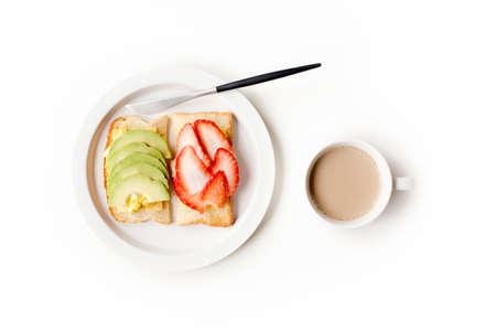 Healthy breakfast preparation on on White wooden background, top viewの写真素材