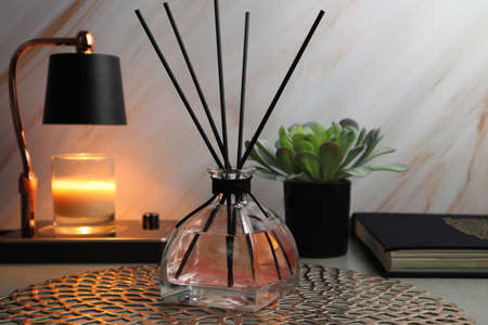 luxury aromatic reed diffuser glass bottle and candle warmer and book and small plant display on the...