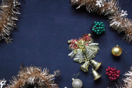 photo background of christmas golden bell and white flower ornament decoration during winter christmas and new year celebration happy festival long holidayの写真素材