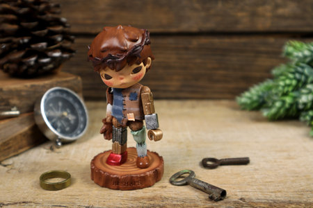 art toys Hirono version 5 collection from Pop Mart blind box collectable cute toys , secret character display on wooden shelf at Pop mart flagship store during new release event Hiのeditorial素材