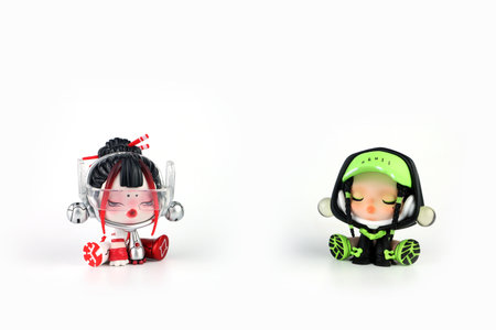 art toys skullpanda collection from Pop Mart blind box collectable cute toys display on white shelf at Pop mart store in Central World department store during new release promotionのeditorial素材