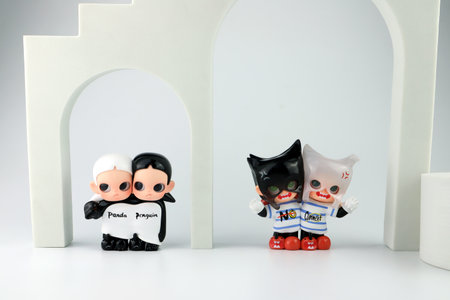 art toys Zsiga twin collection from Pop Mart blind box collectable cute toys display on white shelf...
