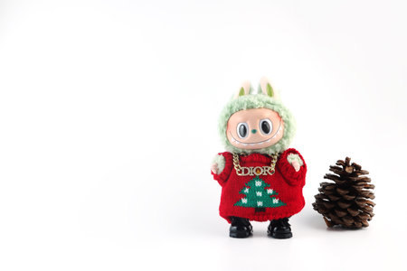 art toys Labubu key chain collection from Pop Mart blind box collectable cute toys display on white shelf background at Pop mart flagship store during new release zimomo event andのeditorial素材