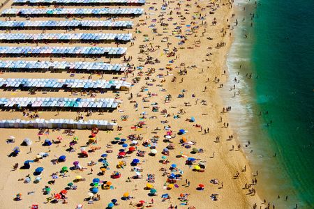 the popular summer destination of Nazaré Beach, in Portugalの写真素材