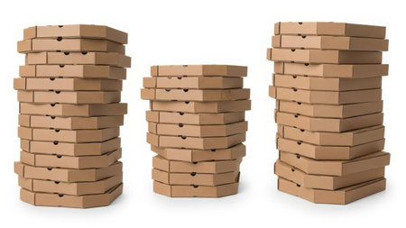 Three stacks of brown cardboard pizza boxes on a white backgroundの素材