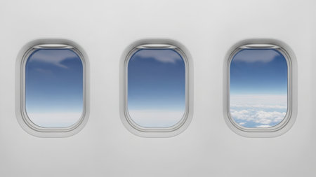 Three airplane windows showing cloudy skiesの素材