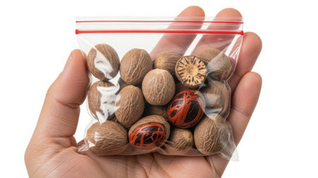 Hand holding sealed bag of various seedsの素材