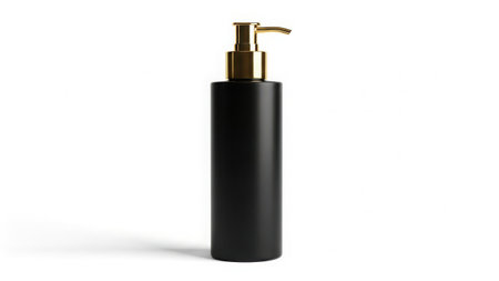 Modern black soap dispenser with gold pump on white backgroundの素材