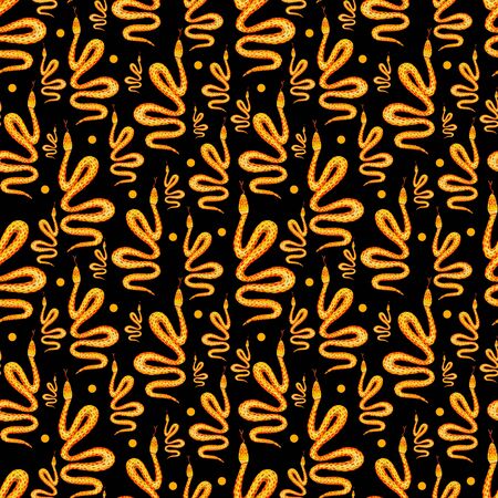 Exotic pattern seamless with orange snakes and graphic elements on dark background. Hand drawn...