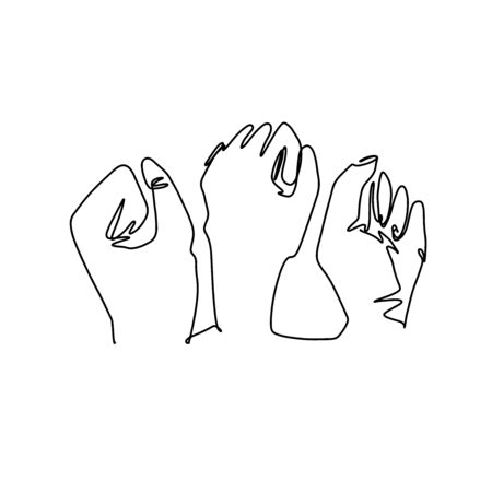 Hands with clenched fingers in one line art style. Continuous line drawing fists. Protest or revolution concept.のイラスト素材