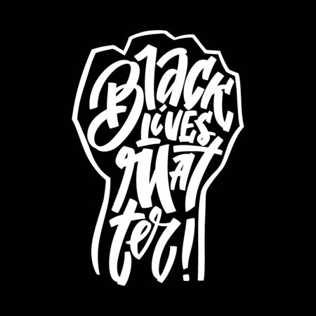 Black lives mattern hand lettering banner in fist silhouette for protest human right of black people in U.S. America. Vector calligraphy illustration on black backgroundのイラスト素材