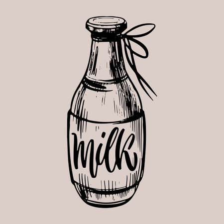 Bottle of milk hand drawn illustration and lettering in graphic style. Isolated vector on gray background. Poster design drink milkのイラスト素材