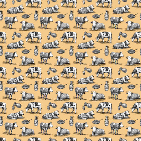 Alpine cows, homemade cottage cheese, milk seamless pattern hand drawn in a graphic style. Vintage digital engraving illustration for poster, web, packaging, branding, flyer, print. Isolated on peach background.の写真素材