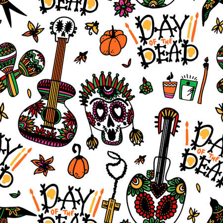 Day of the Dead. Seamless pattern with sugar skulls, maracas, swallow, guitar, flowers and candles for mexican holiday Dia de los Muertos. Vector illustration on white backgroundのイラスト素材