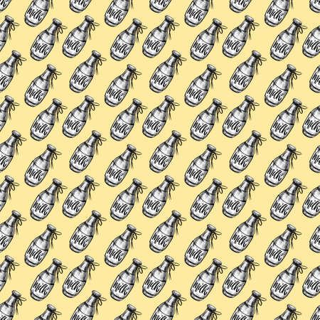 Milk bottle seamless pattern in graphic style. Digital print on packaging, fabric, textile, label. Hand drawn illustartion on pastel backgroundの写真素材