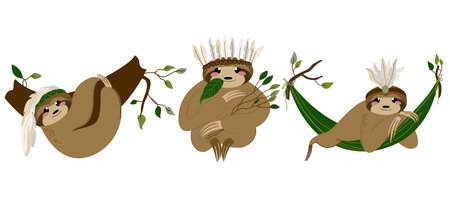 Sloths of cute character set in hand drawn style for posters, birthday cards, party, baby showers and greetin cards. Vector illustration isolated on white backgroundのイラスト素材