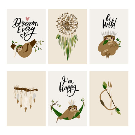 Cute sloth invitation cards in boho, scandinavian style. Hand drawn vector illustrations with bears, dream Catcher, arrows and hand lettering elementsのイラスト素材