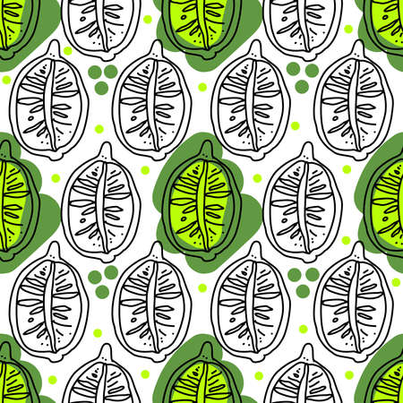 Lemon and lime slices seamless pattern in doodle style. Black and white exotic fruits. Hand drawn...