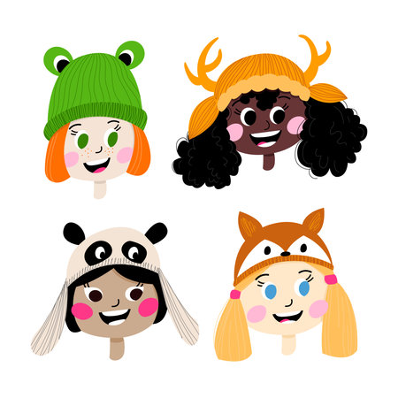 Cute faces of children of different nationalities in funny winter hats in the form of animalsのイラスト素材