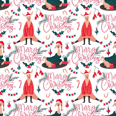 Merry Christmas cute llamas seamless pattern on white backgroundのイラスト素材