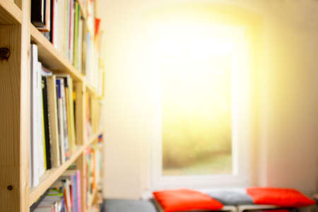 Wooden shelves with books in the library. Copy space. The concept of learning and self-explorationの写真素材