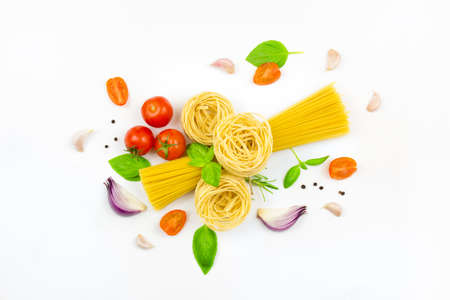 Ingredients for cooking pasta on a white background. Menu stylingの写真素材