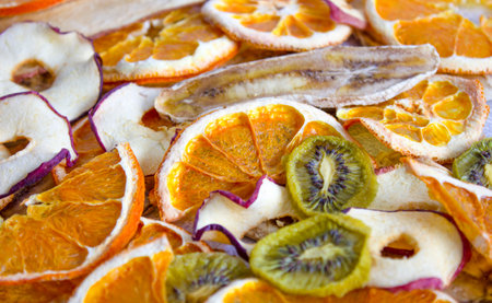 Many different fruit chips, close up. Healthy snack. Healthy eating.の写真素材