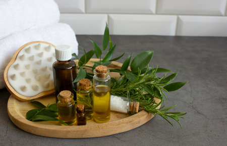 spa therapy background. natural oils for hair and body care.の写真素材