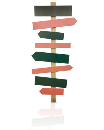 Blank wooden pointer with arrows isolated on white background.の写真素材