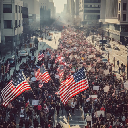 Many people with American flags. peaceful rally. Image generated by AI..の素材