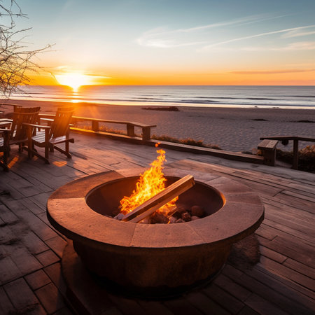 Fire pit on the seashore with a beautiful sunset. Image generated by AI.の素材