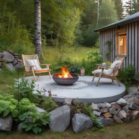 Fire pit in the garden near a small house near the forest. Image generated by AI.の素材