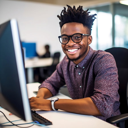 smiling young man working in the office. Generated by A.I.の素材