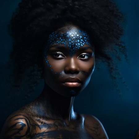 Portrait of young African American woman with stylized makeup on dark blue. Image generated by AI.の素材