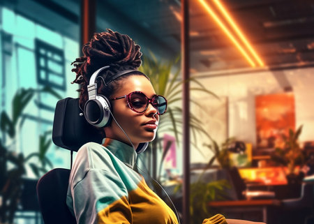 A beautiful girl in headphones works in a modern office. Image generated by AI.の素材