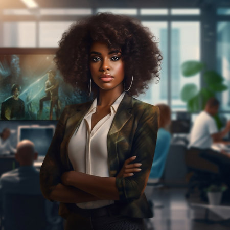 A beautiful woman on the background of a modern office. Image created by AI.の素材