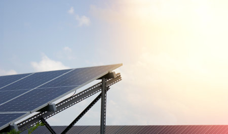 Solar panels, close up on the background of the sky.の写真素材