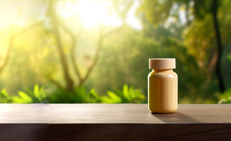 Bottle of supplements on a natural green background. The concept of natural pharmacology. Image generated by AI.の素材