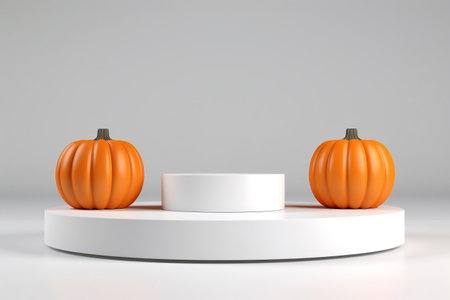 Stylized Halloween background with white pedestals and pumpkins. Image generated by AI.の素材