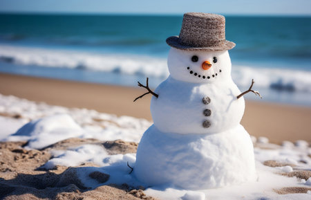 Snowman on the beach. Winter vacation in warm places.Image generated by AI.の素材