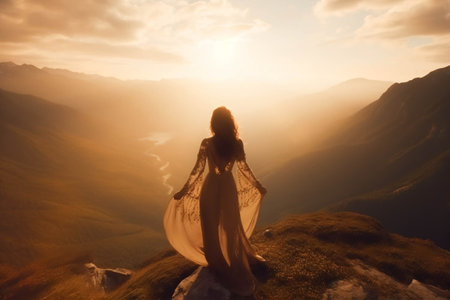 Beautiful woman in a dress in the mountains at dawn. The concept of freedom and peace. Image generated by AI.の素材