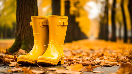 Yellow galoshes in the autumn park. Images are generated by AIの素材