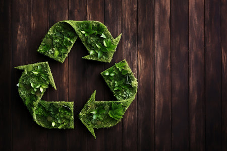 Green recycling symbol from plants on wooden background, copy space. Image generated by AI.の素材