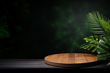 Wooden podium with palm trees on a dark green background, copy space.の素材