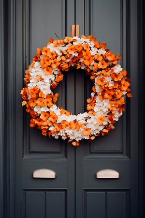 Autumn wreath on a dark door. Image generated by AI.の素材