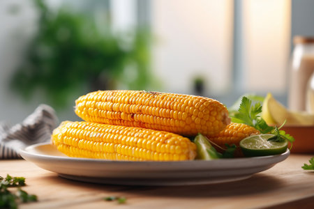 Boiled corn on a plate in a bright kitchen. Image generated by AI.の素材