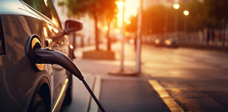 Charging an electric car in the city, close up.の素材